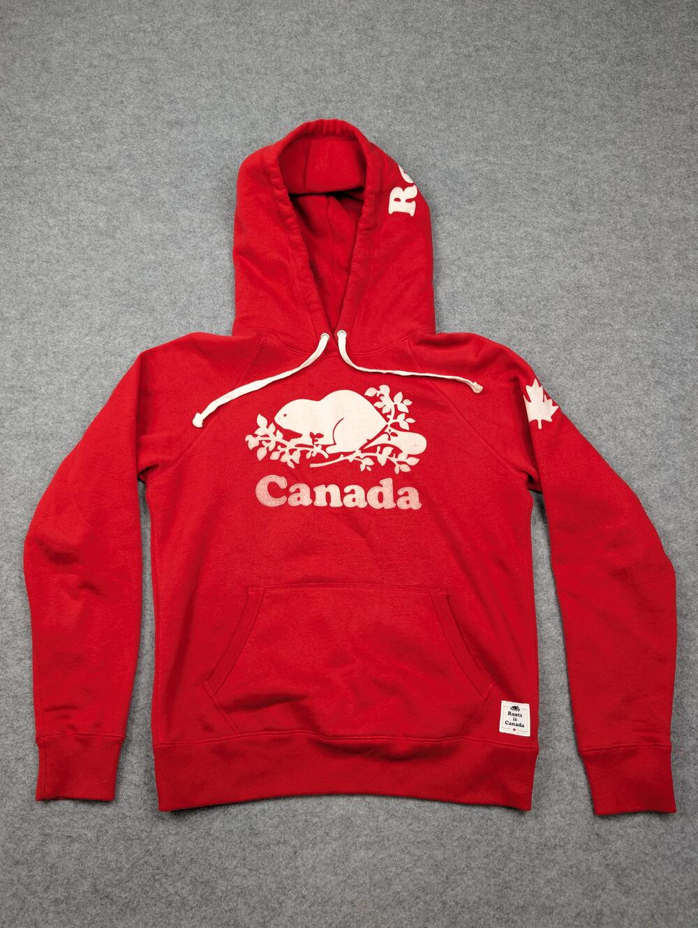 Roots Hoodie Mens Small Red Canada Beaver Graphic Fleece Pullover Maple Leaf